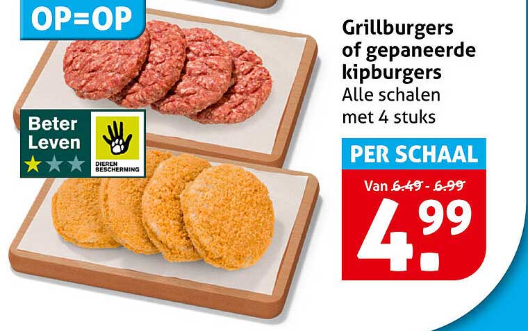 Grillburgers of gepaneerde kipburgers Alle schalen met 4 stuks PER SCHAAL