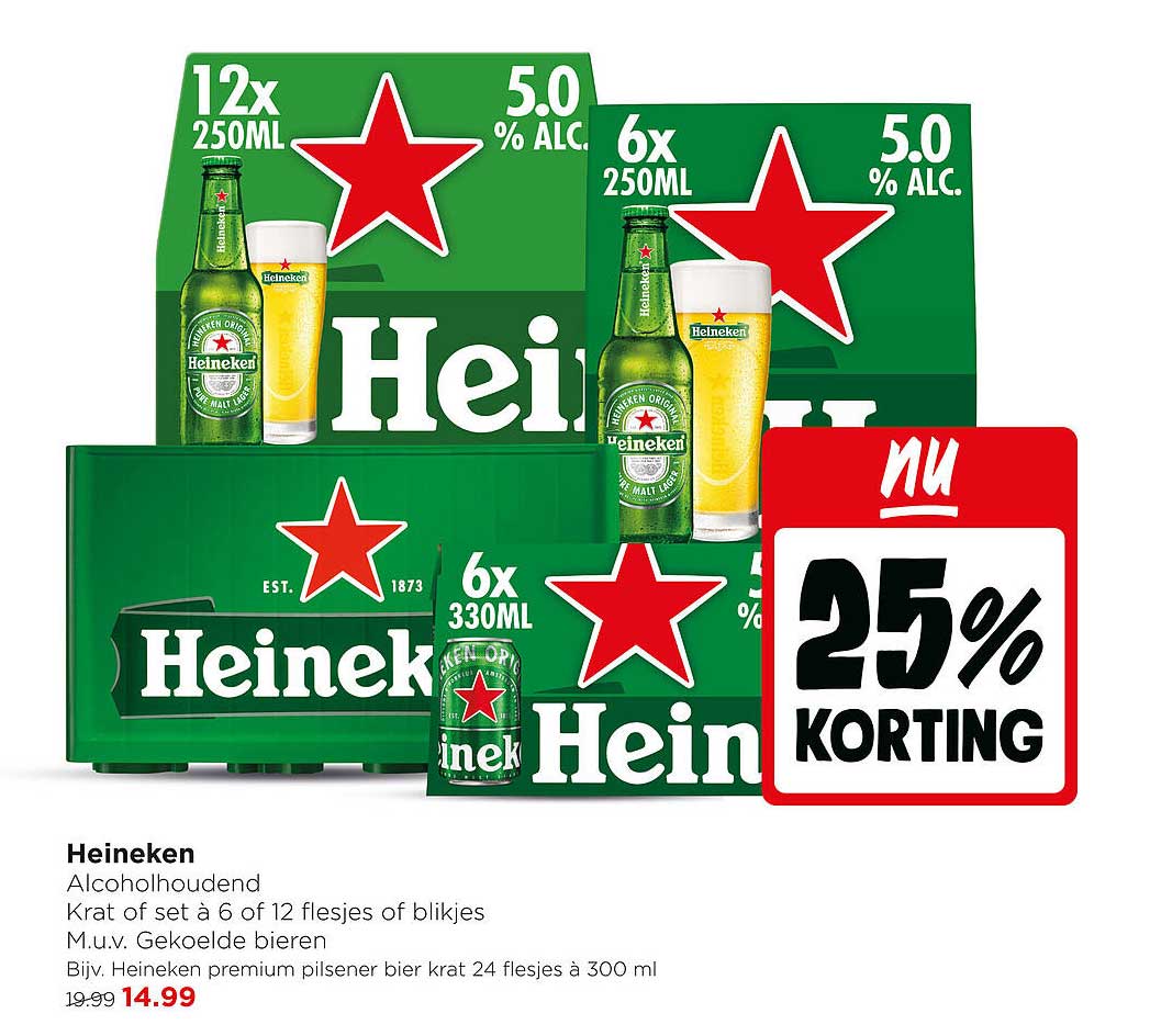 Heineken Alcoholhoudend Krat of set à 6 of 12 flesjes of blikjes M.u.v. Gekoelde bieren 25% KORTING