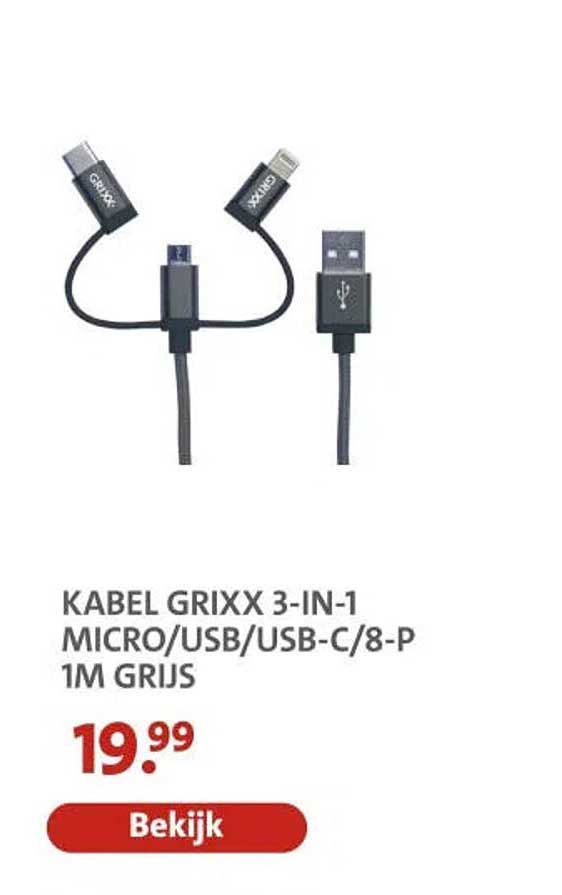 KABEL GRIXX 3-IN-1 MICRO/USB/USB-C/8-P 1M GRIJS