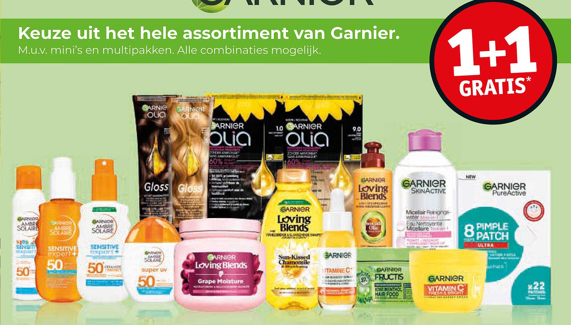 Keuze uit het hele assortiment van Garnier. M.u.v. mini’s en multipakken. Alle combinaties mogelijk. 1+1 GRATIS*