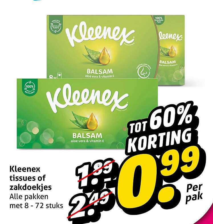 Kleenex tissues of zakdoekjes Alle pakken met 8 - 72 stuks TOT 60% KORTING