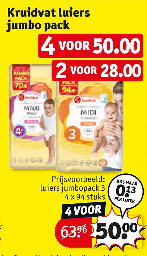Kruidvat luiers jumbo pack 4 voor 50.00 2 voor 28.00