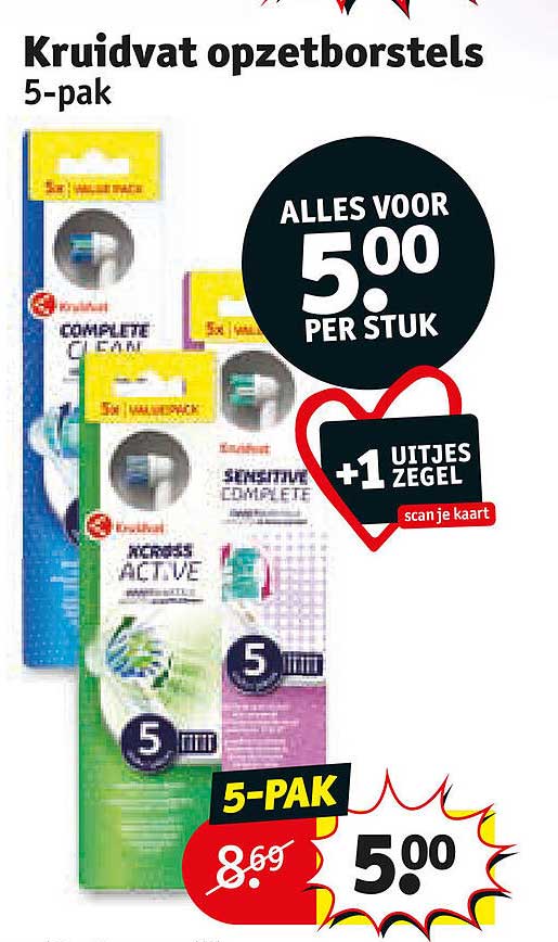 Kruidvat opzetborstels 5-pak +1 uitjes zegel