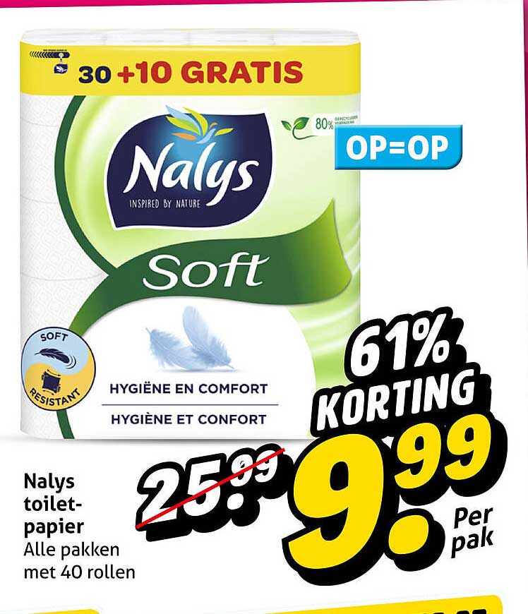 Nalys toilet-papier 30+10 gratis OP=OP