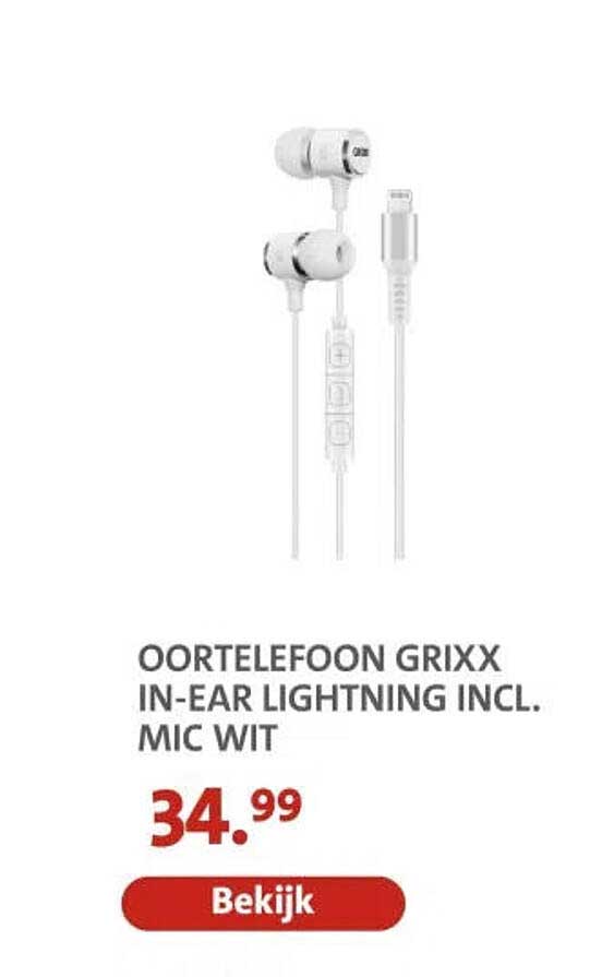 OORTELEFOON GRIXX IN-EAR LIGHTNING INCL. MIC WIT