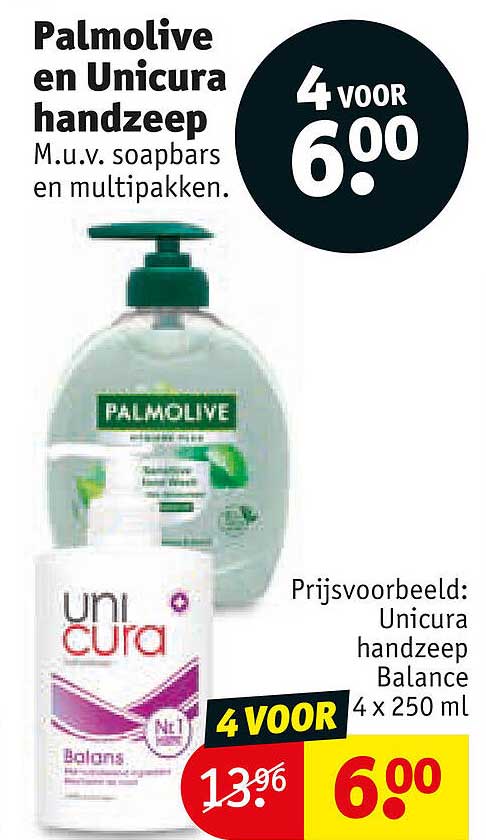 Palmolive en Unicura handzeep M.u.v. soapbars en multipakken. 4 VOOR 6.00