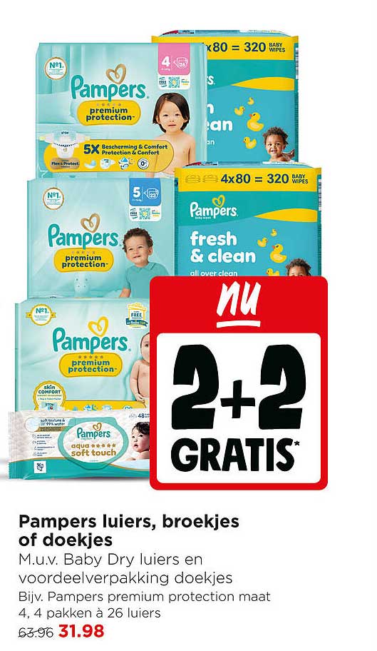 Pampers luiers, broekjes of doekjes 2+2 gratis