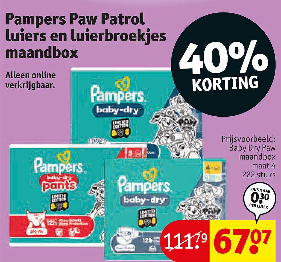 Pampers Paw Patrol luiers en luierbroekjes maandbox 40% korting