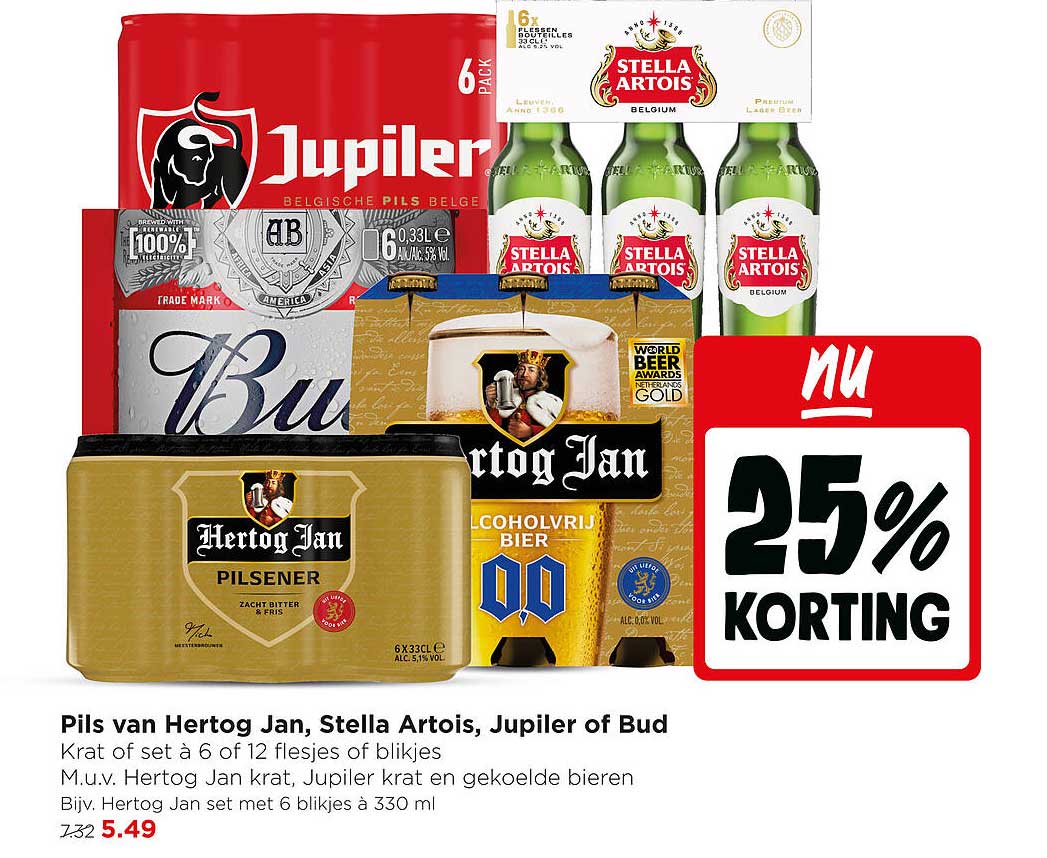 Pils van Hertog Jan, Stella Artois, Jupiler of Bud 25% korting