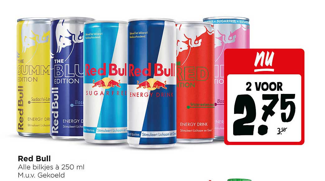 Red Bull Alle blikjes à 250 ml M.u.v. Gekoeld 2 voor 2.75