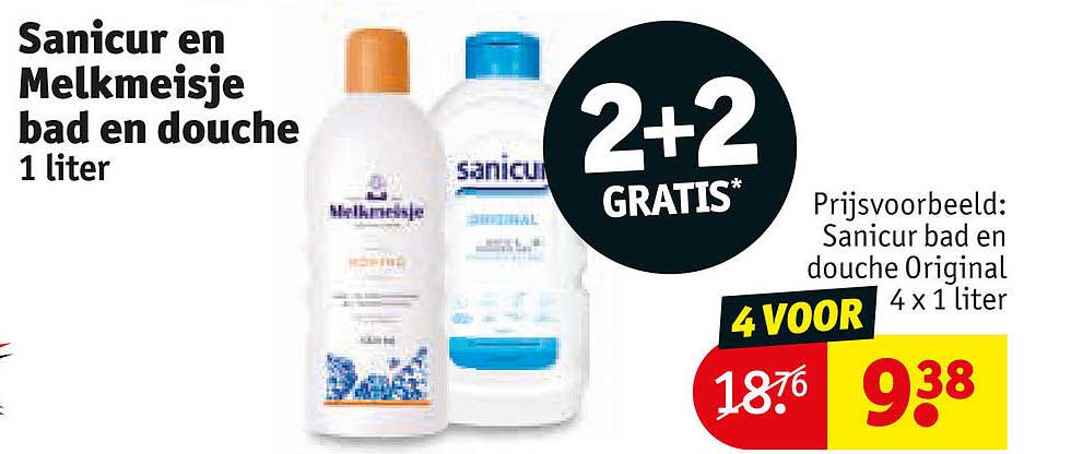 Sanicur en Melkmeisje bad en douche 1 liter 2+2 GRATIS*