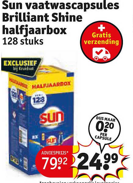 Sun vaatwascapsules Brilliant Shine halfjaarbox 128 stuks Gratis verzending