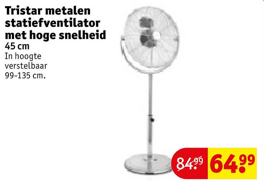 Tristar metalen statiefventilator met hoge snelheid 45 cm In hoogte verstelbaar 99-135 cm.