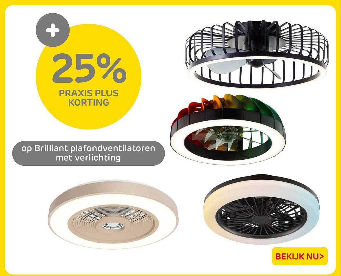 25% PRAXIS PLUS KORTING op Brilliant plafondventilatoren met verlichting