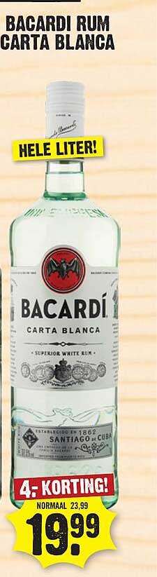 BACARDI RUM CARTA BLANCA HELE LITER! 4.- KORTING!