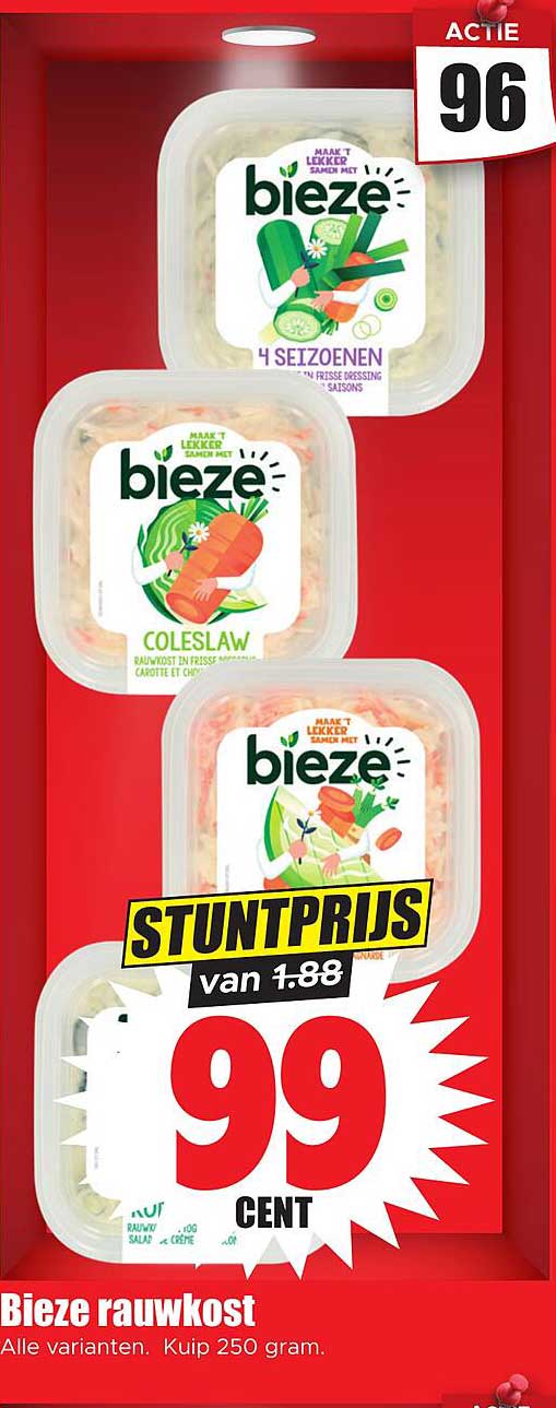 Bieze rauwkost Alle varianten. Kuip 250 gram. STUNTPRIJS van 1.88 99 CENT