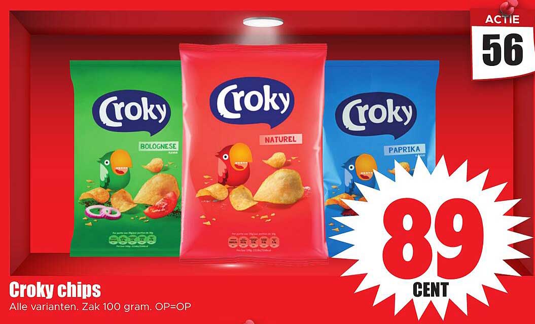 Croky chips Alle varianten. Zak 100 gram. OP=OP