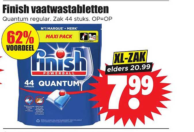 Finish vaatwastabletten Quantum regular. Zak 44 stuks. OP=OP