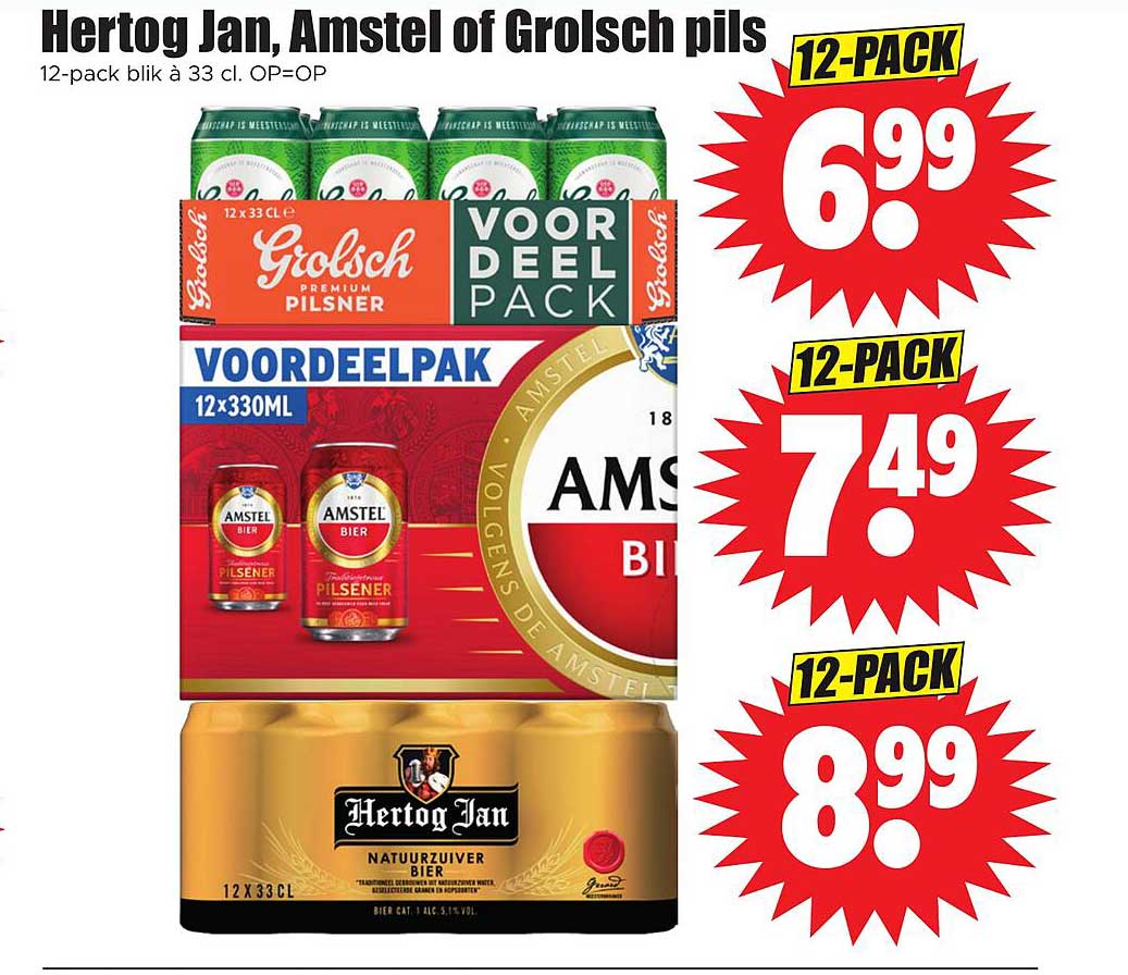Hertog Jan, Amstel of Grolsch pils 12-pack blik à 33 cl. OP=OP
