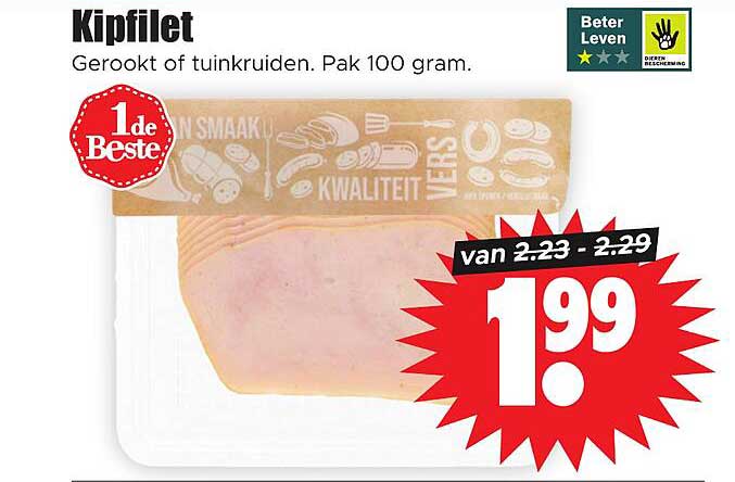 Kipfilet Gerookt of tuinkruiden. Pak 100 gram.