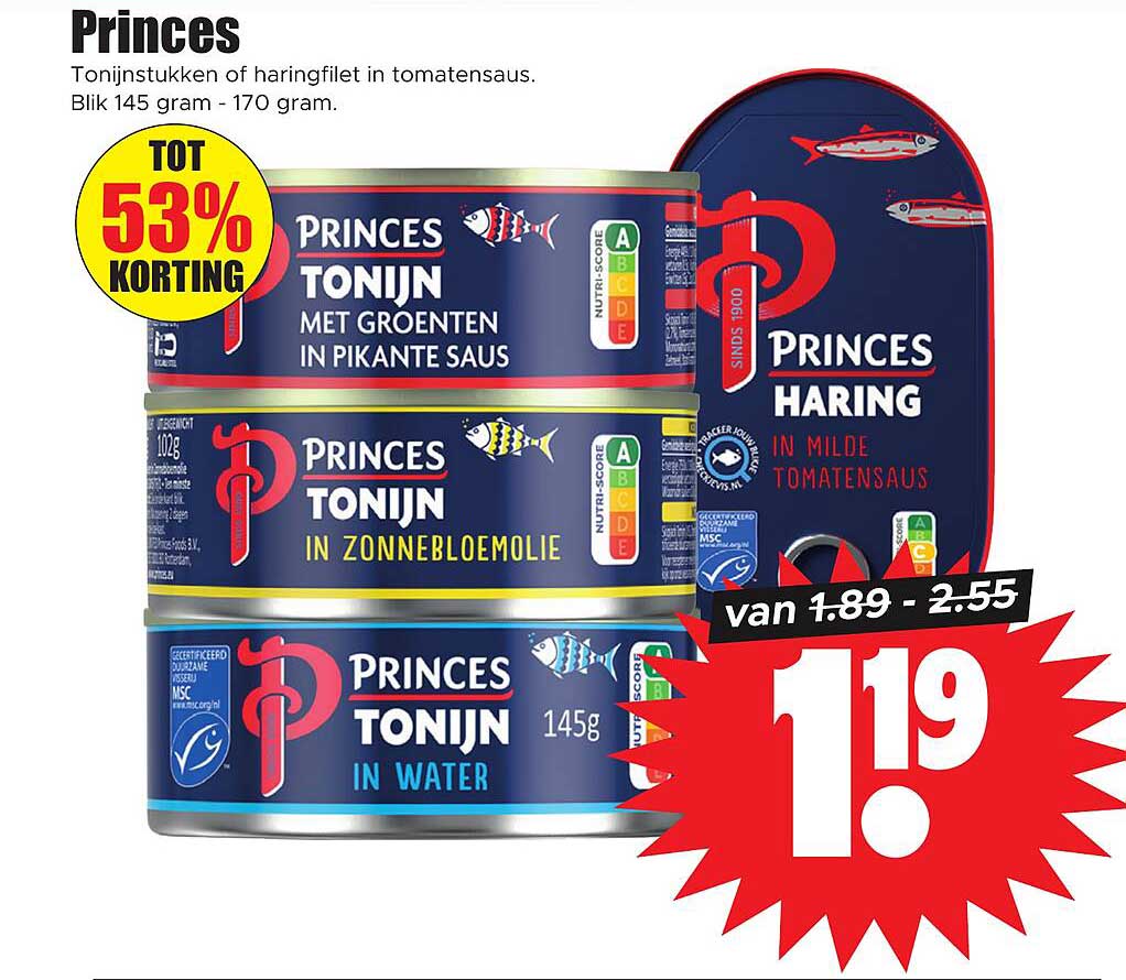 Princes Tonijnstukken of haringfilet in tomatensaus. Blik 145 gram - 170 gram.