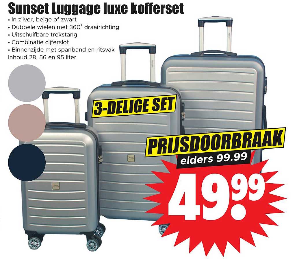 Sunset Luggage luxe kofferset 3-delige set prijsdoorbraak
