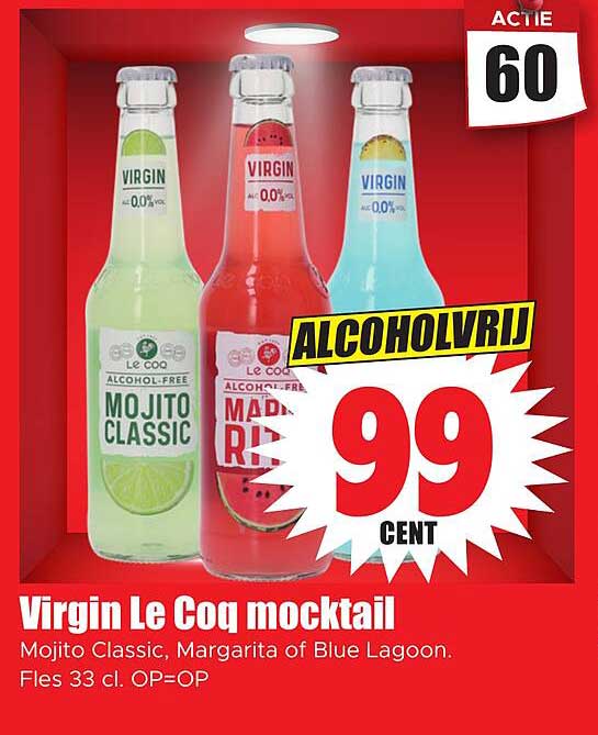 Virgin Le Coq mocktail Mojito Classic, Margarita of Blue Lagoon. Fles 33 cl. OP=OP