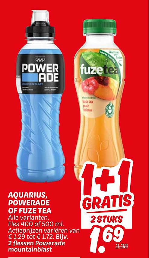 Aquarius, Powerade of Fuze Tea - 1+1 GRATIS