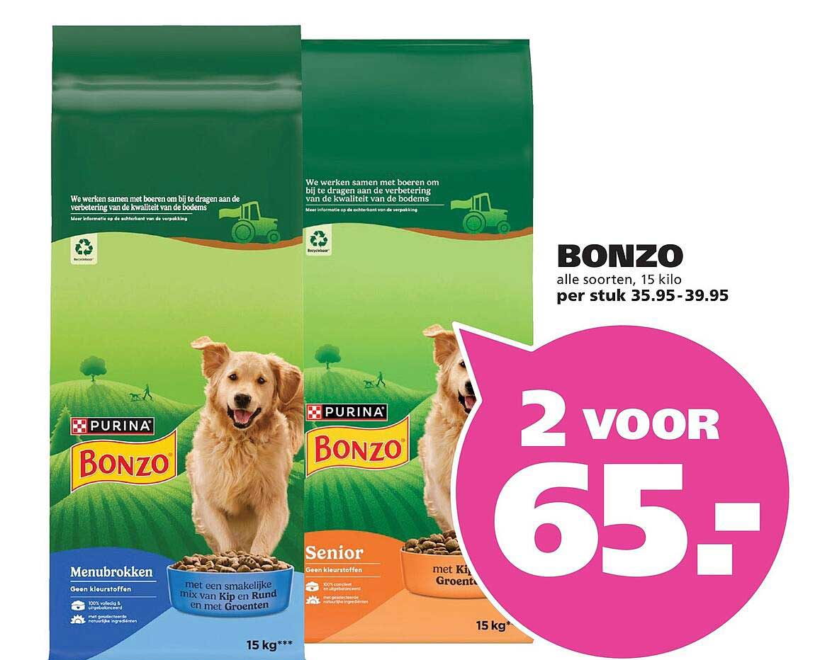 BONZO alle soorten, 15 kilo 2 voor 65:-