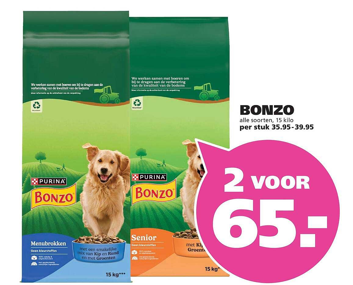 BONZO alle soorten, 15 kilo 2 voor 65,-