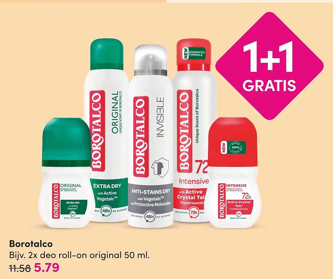 Borotalco Bijv. 2x deo roll-on original 50 ml. 1+1 GRATIS