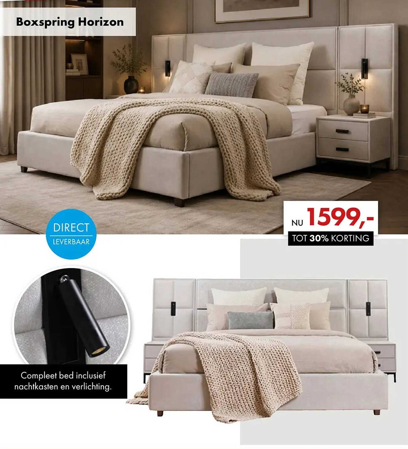 Boxspring Horizon - Direct leverbaar, compleet bed inclusief nachtkasten en verlichting, tot 30% korting