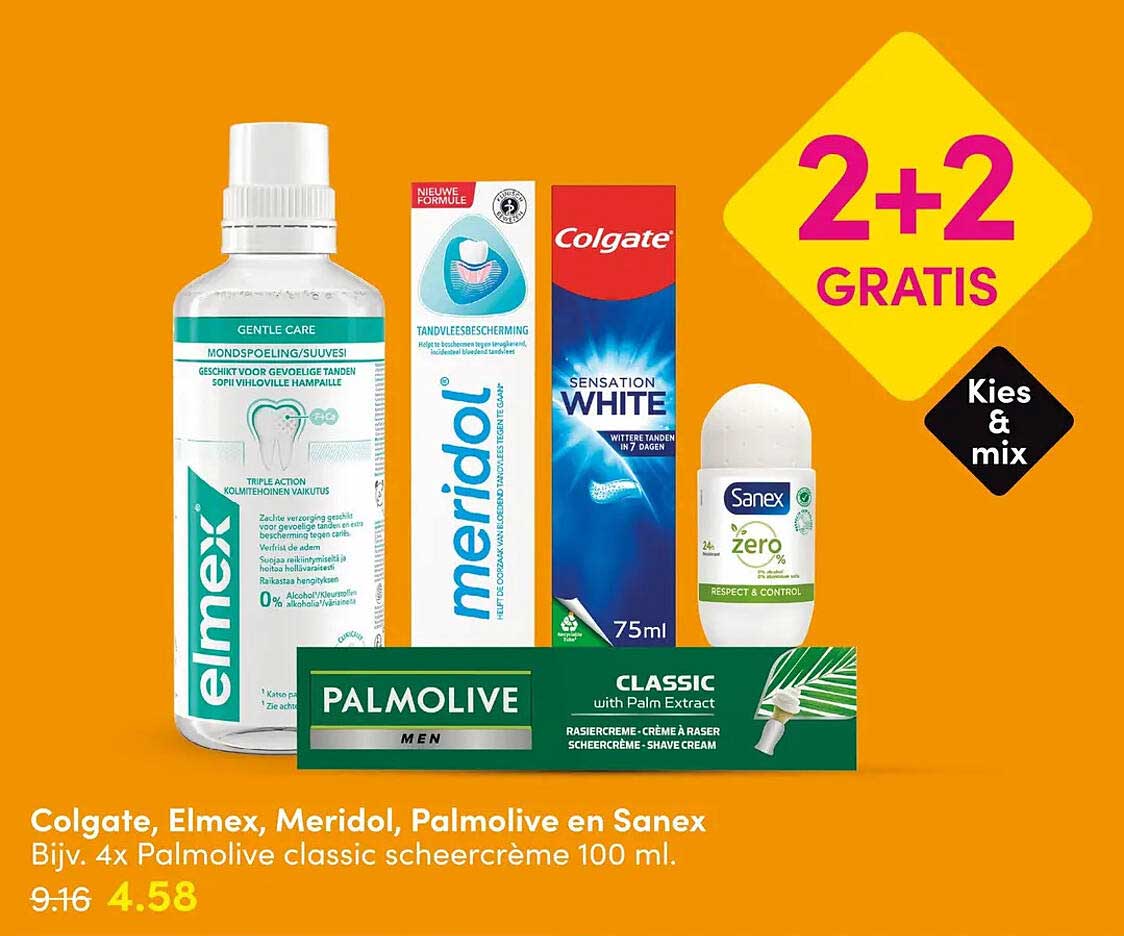 Colgate, Elmex, Meridol, Palmolive en Sanex Bijv. 4x Palmolive classic scheercrème 100 ml. 2+2 GRATIS