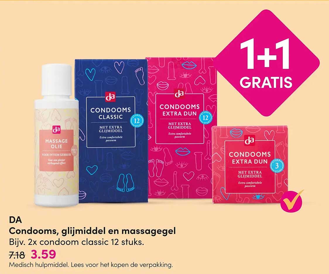 Condooms, glijmiddel en massagegel 1+1 gratis