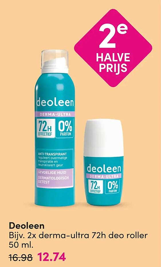 Deoleen Bijv. 2x derma-ultra 72h deo roller 50 ml. 2e halve prijs