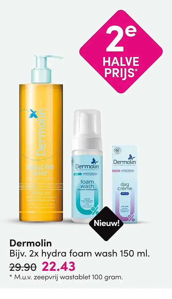 Dermolin Bijv. 2x hydra foam wash 150 ml. 2e halve prijs