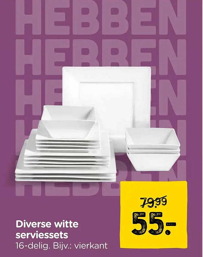 Diverse witte serviessets 16-delig. Bijv.: vierkant