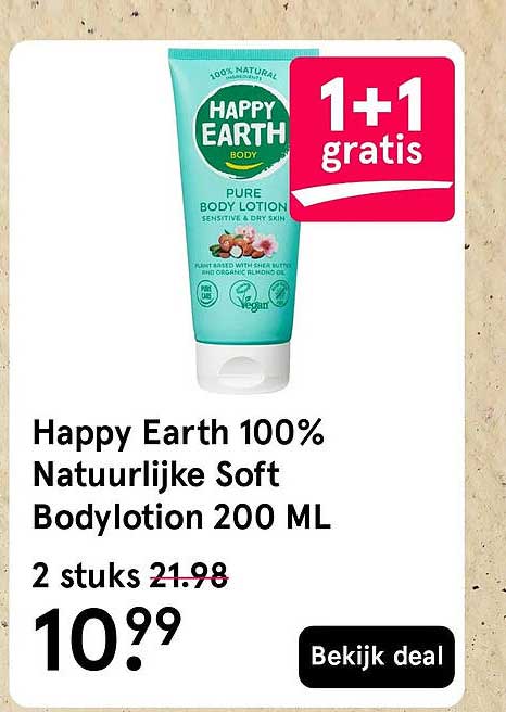 Happy Earth 100% Natuurlijke Soft Bodylotion 200 ML 1+1 gratis