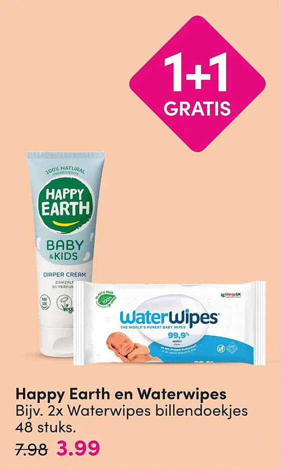 Happy Earth en Waterwipes Bijv. 2x Waterwipes billendoekjes 48 stuks 1+1 gratis
