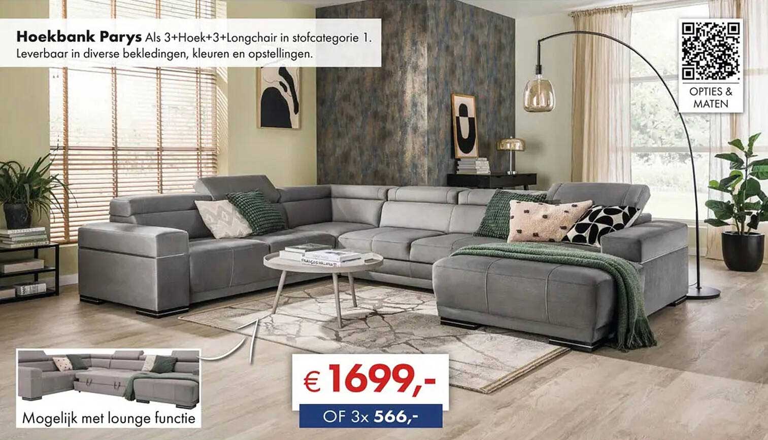 Hoekbank Parys Als 3+Hoek+3+Longchair in stofcategorie 1.