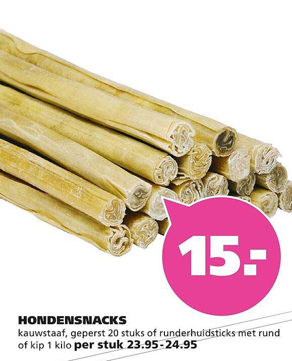 HONDENSNACKS kauwstaaf, geperst 20 stuks of runderhuidsticks met rund of kip 1 kilo per stuk 23.95-24.95