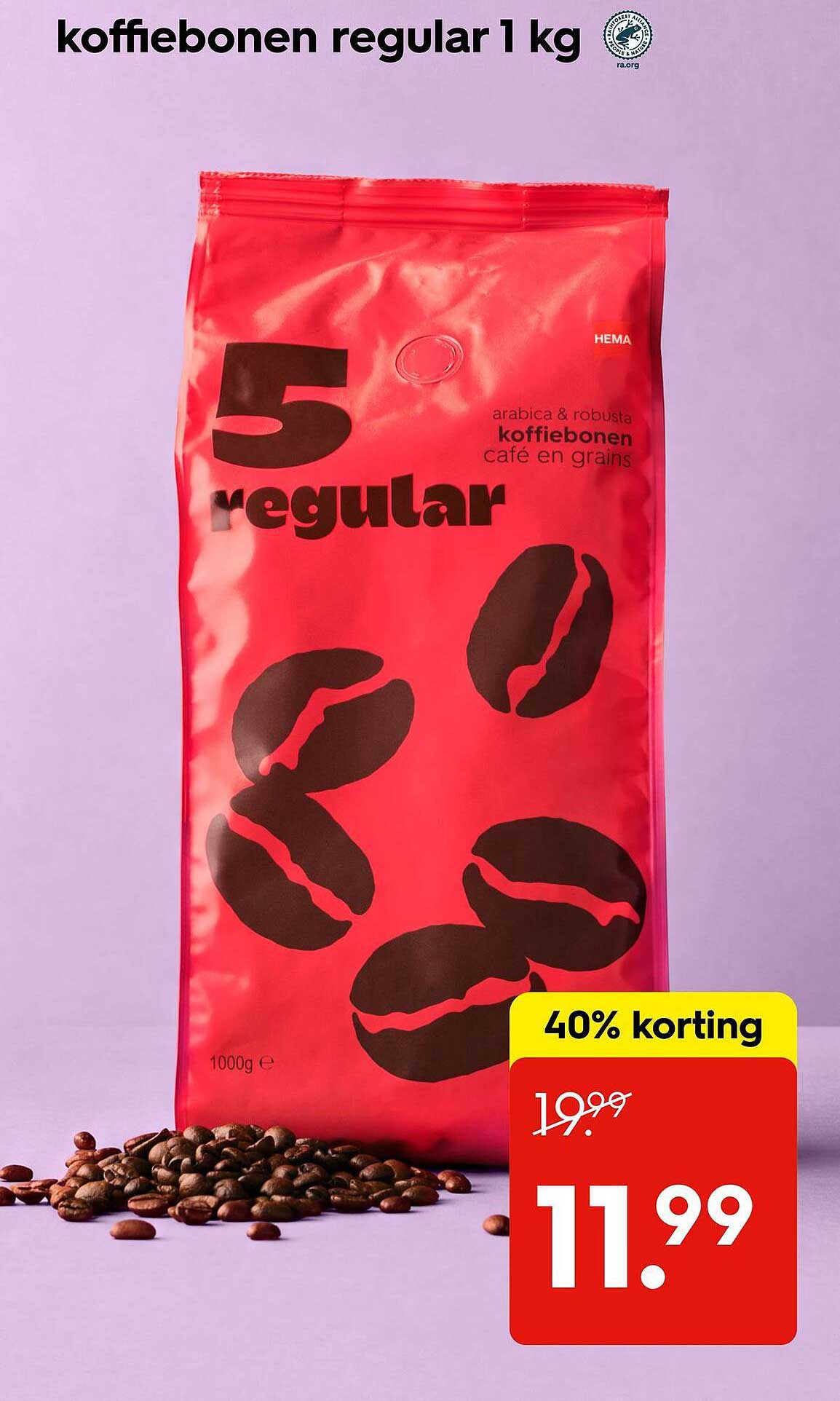 koffiebonen regular 1 kg 40% korting