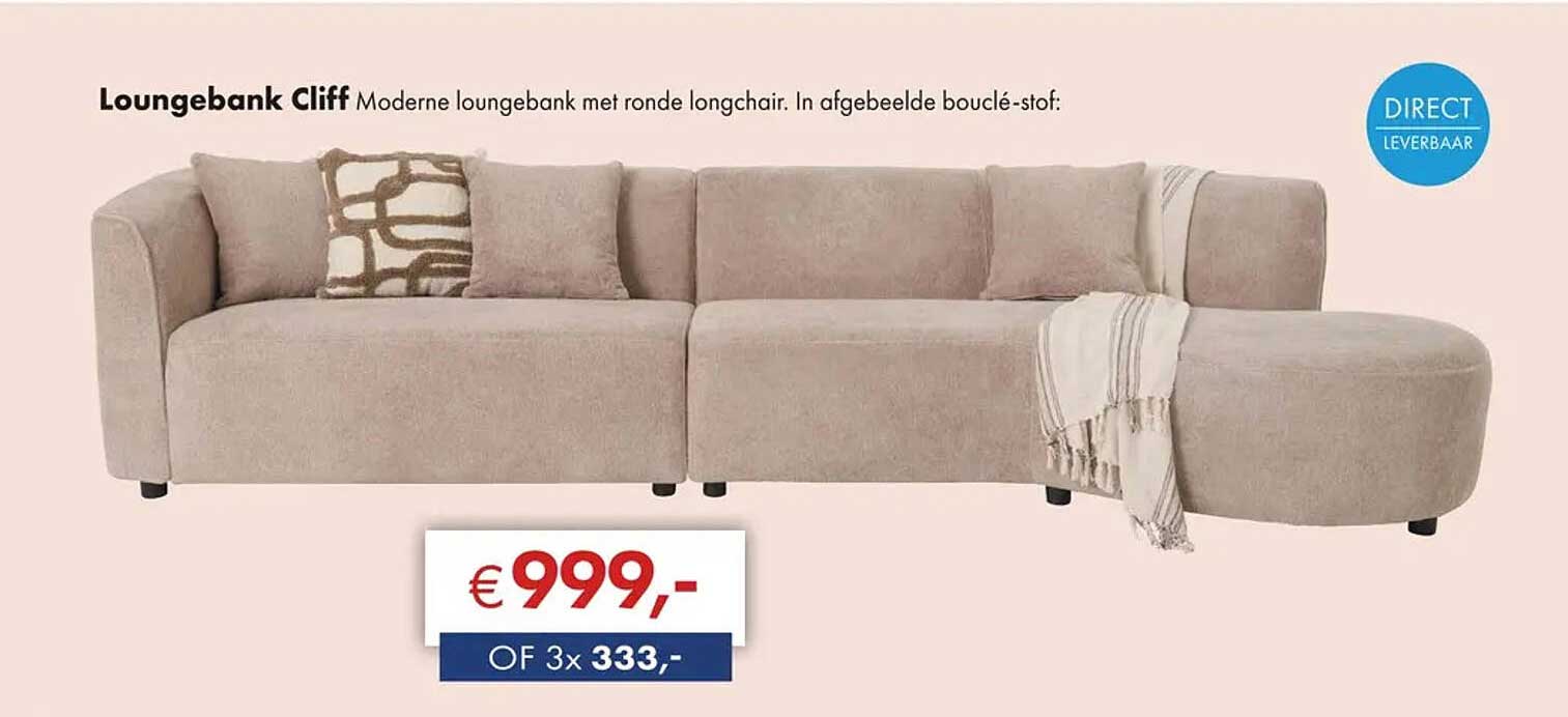 Loungebank Cliff Moderne loungebank met ronde longchair. In afgebeelde bouclé-stof: