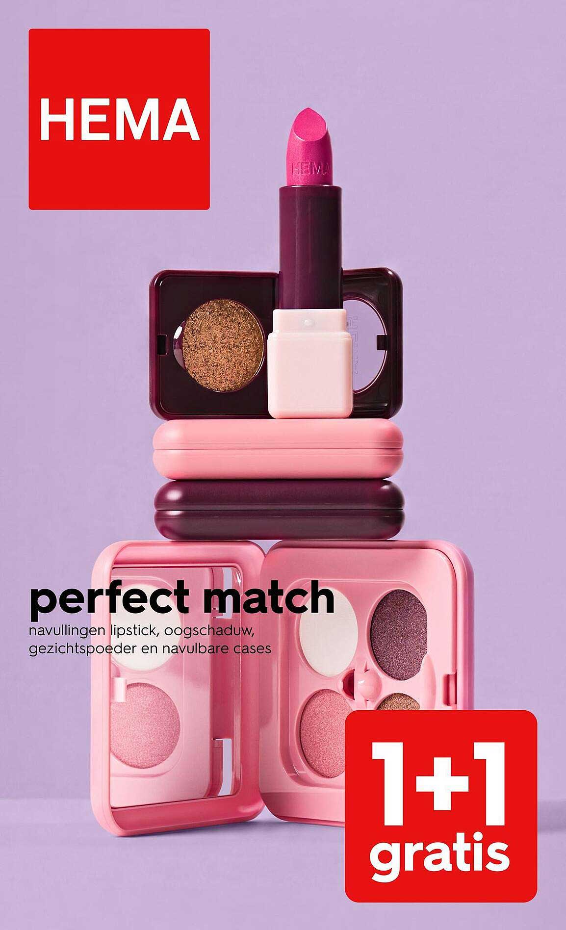 perfect match navullingen lipstick, oogschaduw, gezichtspoeder en navulbare cases 1+1 gratis