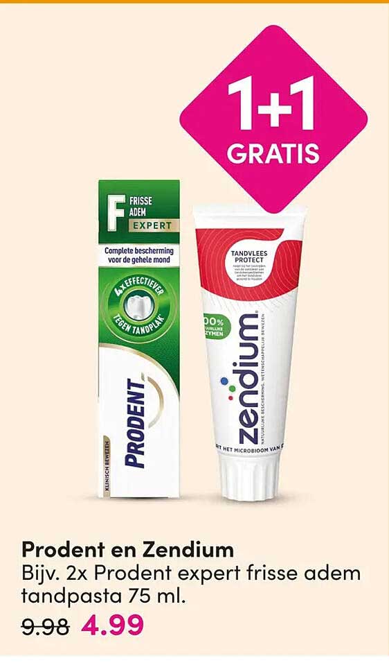 Prodent en Zendium Bijv. 2x Prodent expert frisse adem tandpasta 75 ml. 1+1 GRATIS
