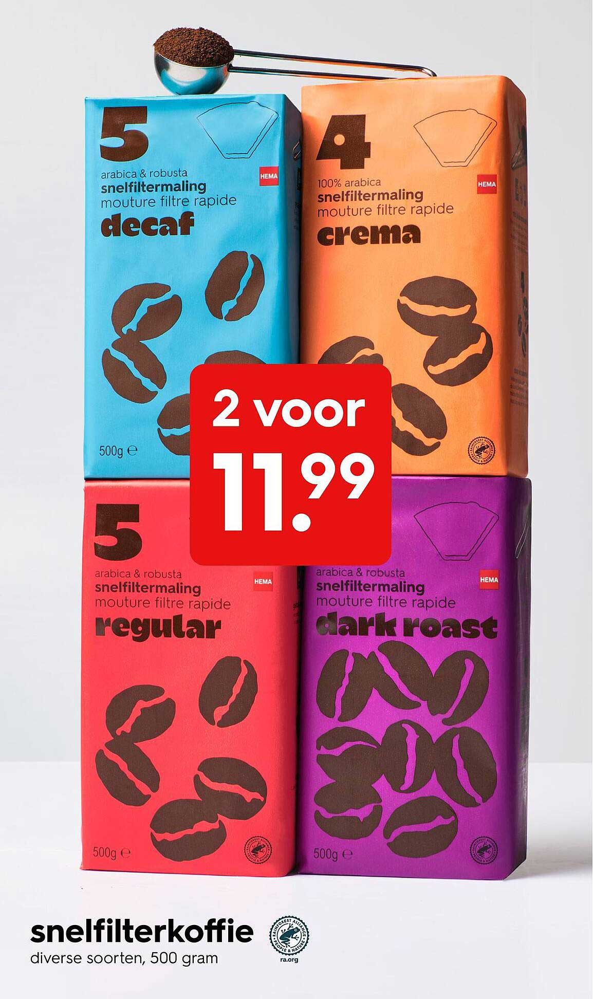 snelfilterkoffie diverse soorten, 500 gram 2 voor 11.99