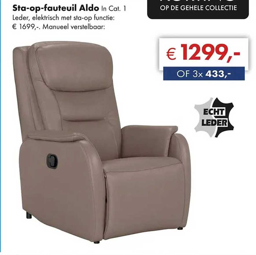 Sta-op-fauteuil Aldo In Cat. 1 Leder, elektrisch met sta-op functie: € 1699,-. Manueel verstelbaar