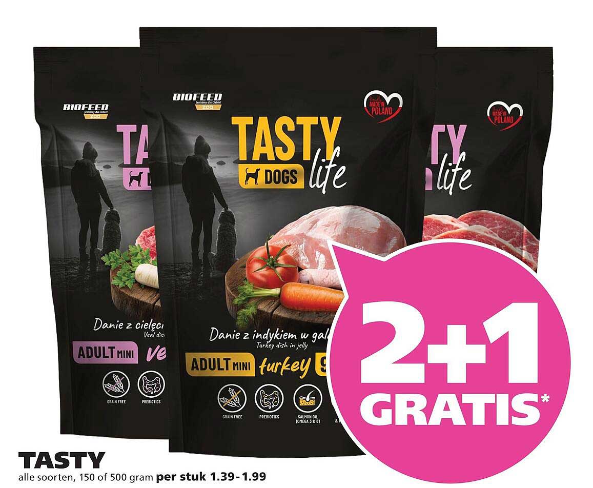 TASTY alle soorten, 150 of 500 gram per stuk 1.39 - 1.99 2+1 GRATIS