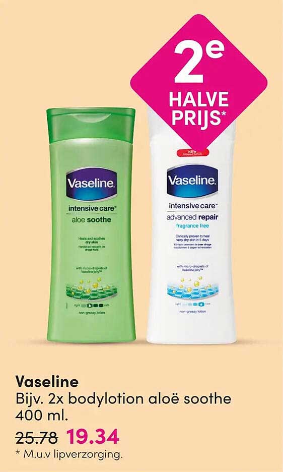 Vaseline Bijv. 2x bodylotion aloë soothe 400 ml 2e halve prijs
