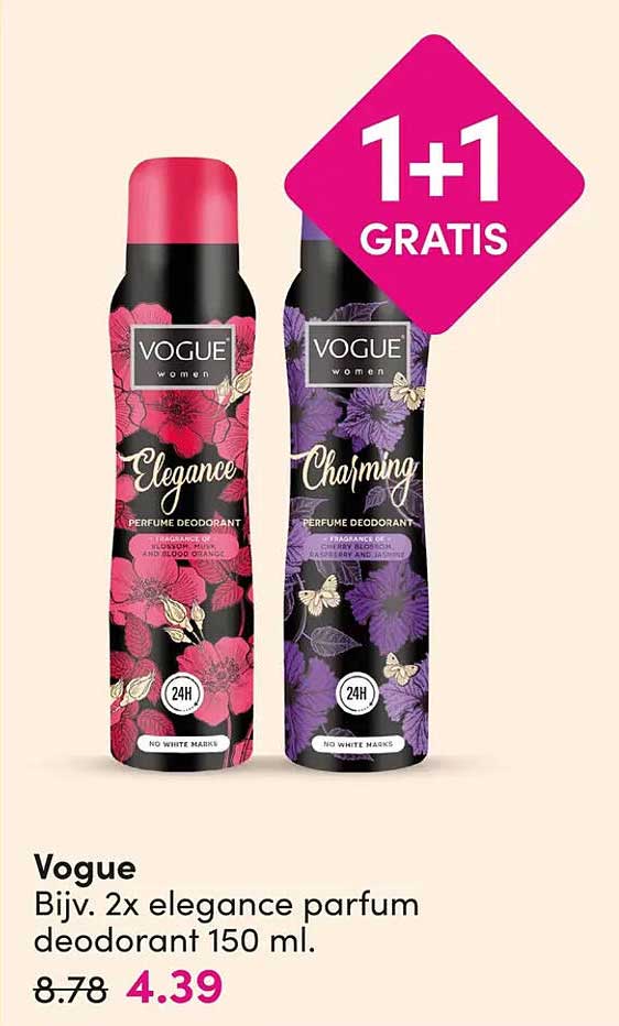 Vogue Bijv. 2x elegance parfum deodorant 150 ml. 1+1 gratis